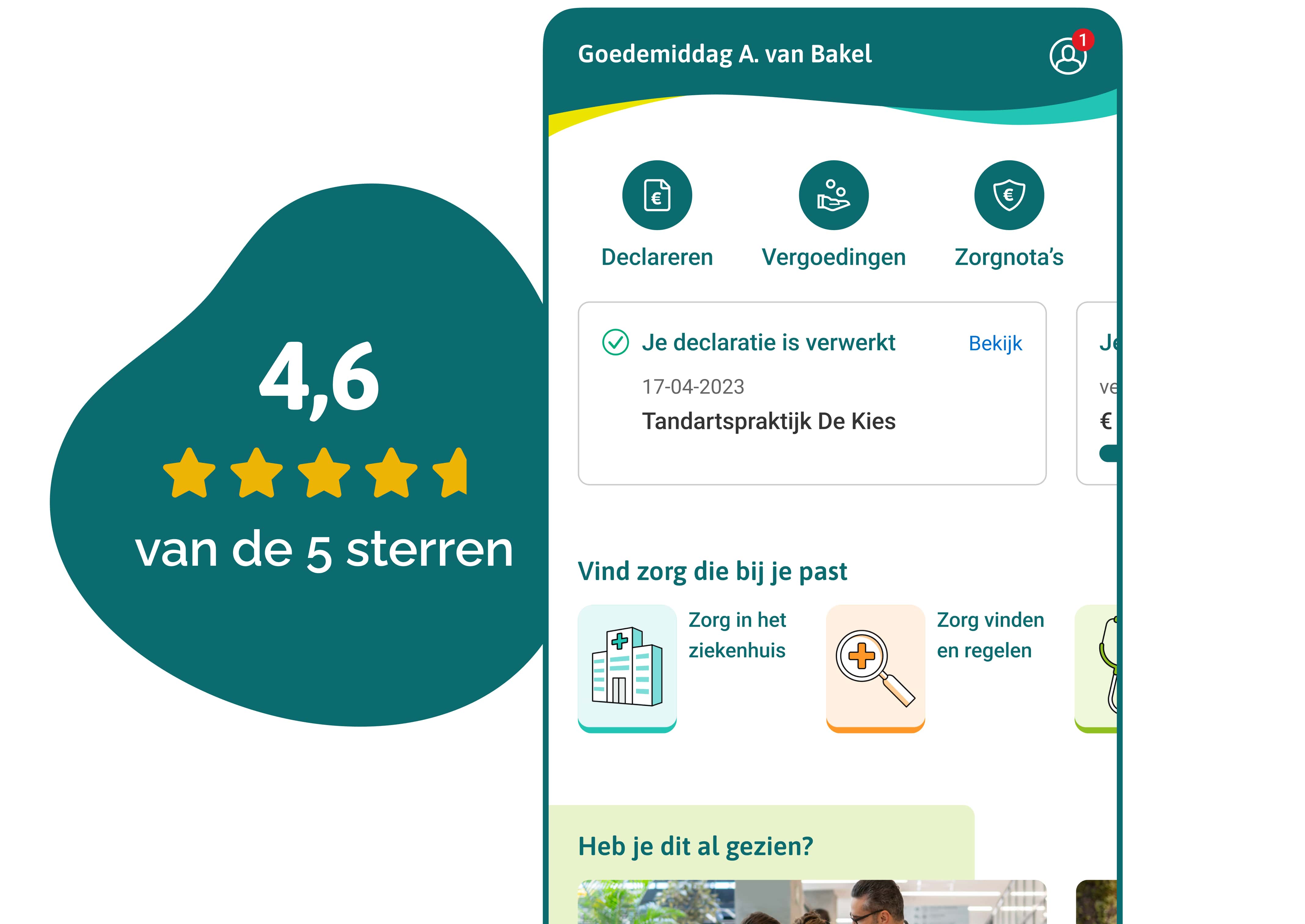 Afbeelding met de Zorg app met een reviewscore van 4,6 sterren op een schaal van 5 sterren